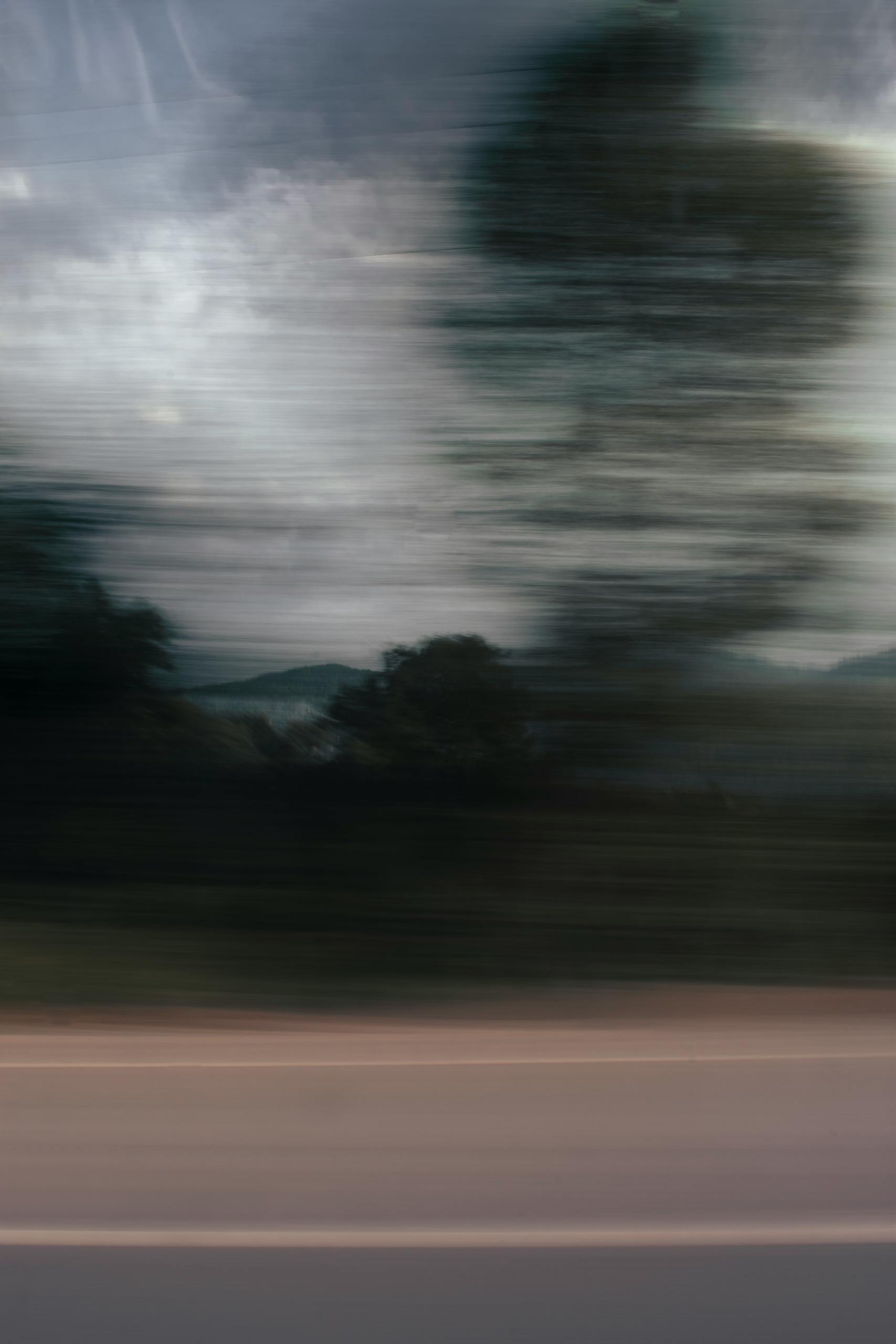 Abstract motion blur image capturing a road and trees in a dynamic perspective.